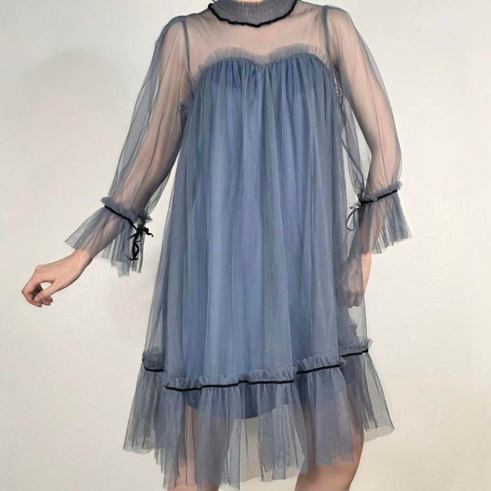 Romantic Gothic Sheer Tulle Babydoll Dress Dusty Blue High Neck Small-Medium